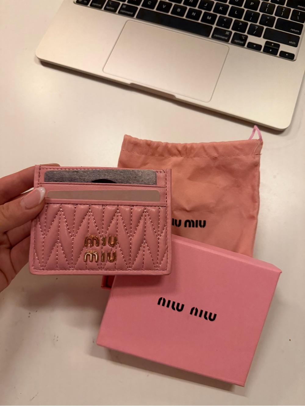 Miu Miu Blush Pink Quilted Leather Card Holder with Gold Logo